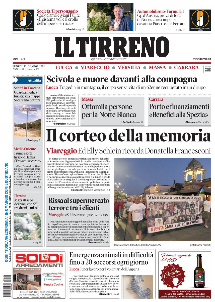 Prima Pagina Il Tirreno (Lucca, Viareggio, Versilia, Massa, Carrara) 30/06/2025