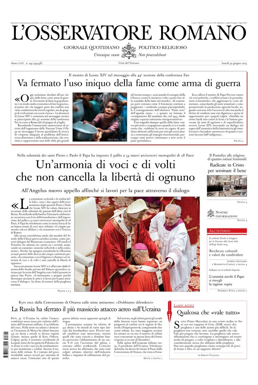 Prima Pagina L'Osservatore Romano 30/06/2025