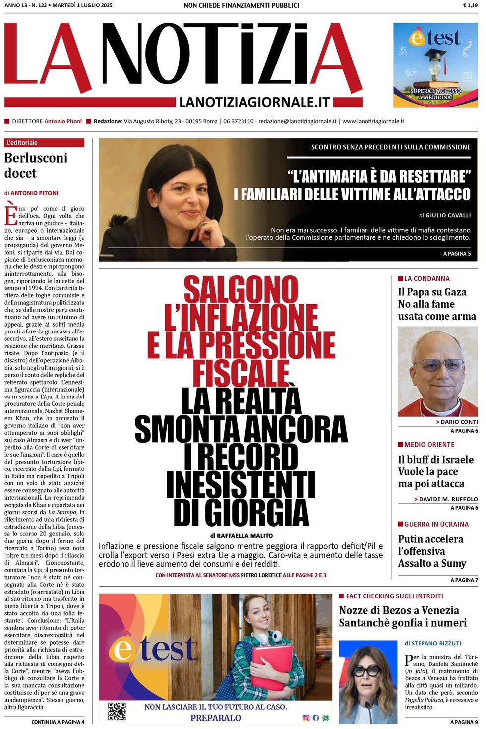 Prima Pagina La Notizia 01/07/2025