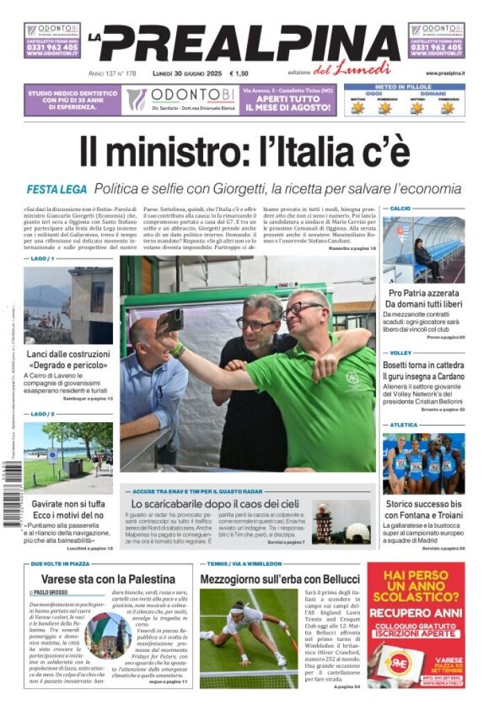 Prima Pagina La Prealpina 30/06/2025