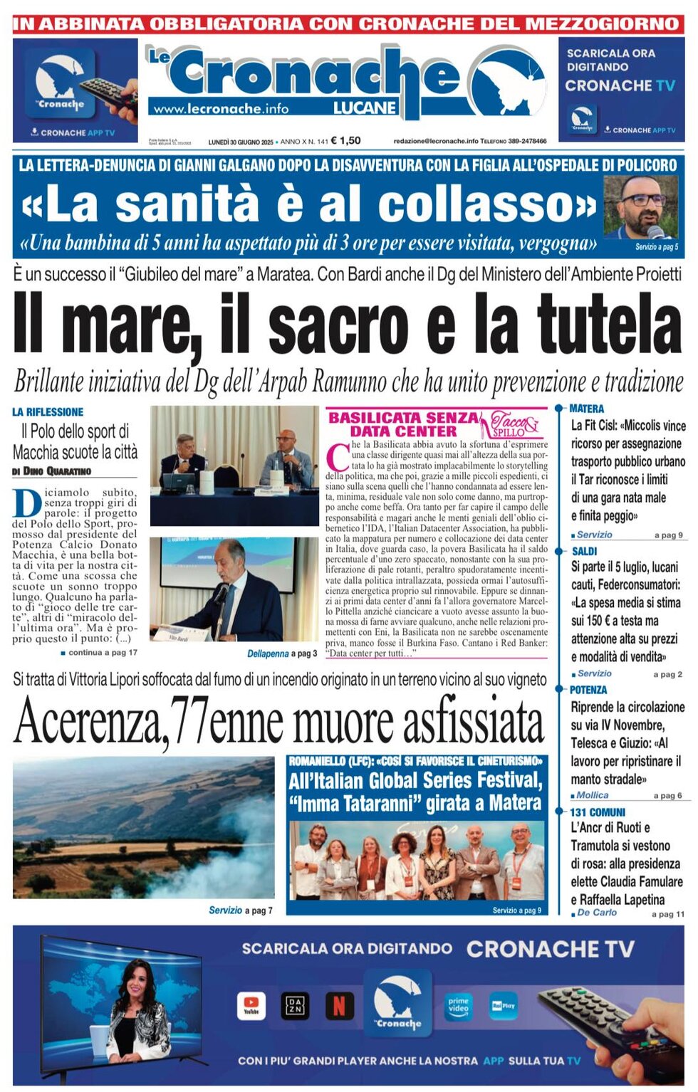 Prima Pagina Le Cronache Lucane 30/06/2025