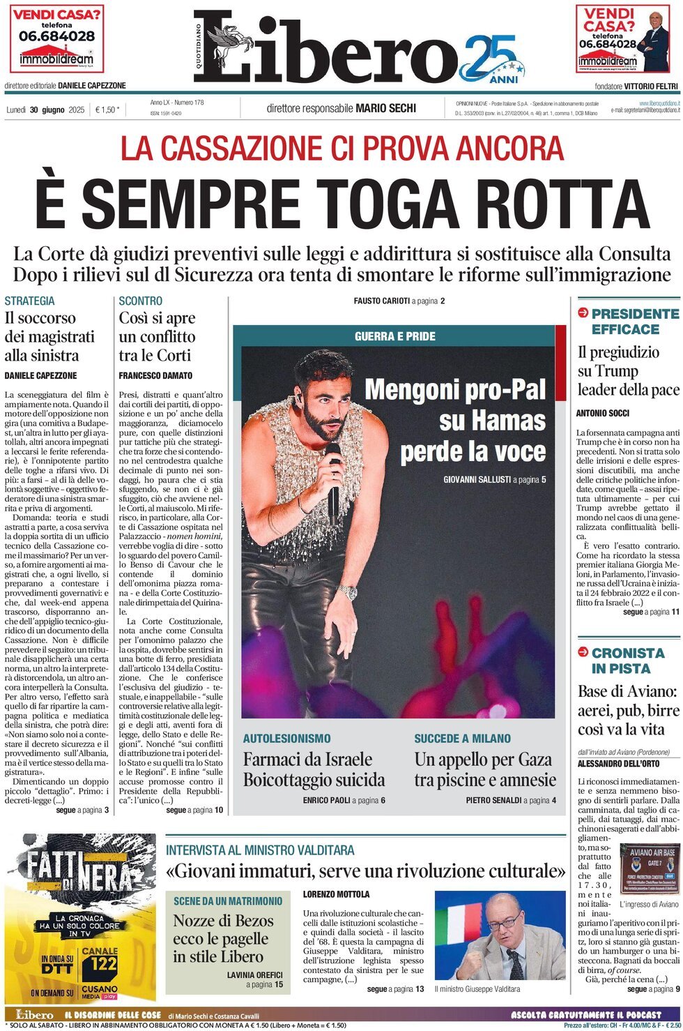Prima Pagina Libero Quotidiano 30/06/2025