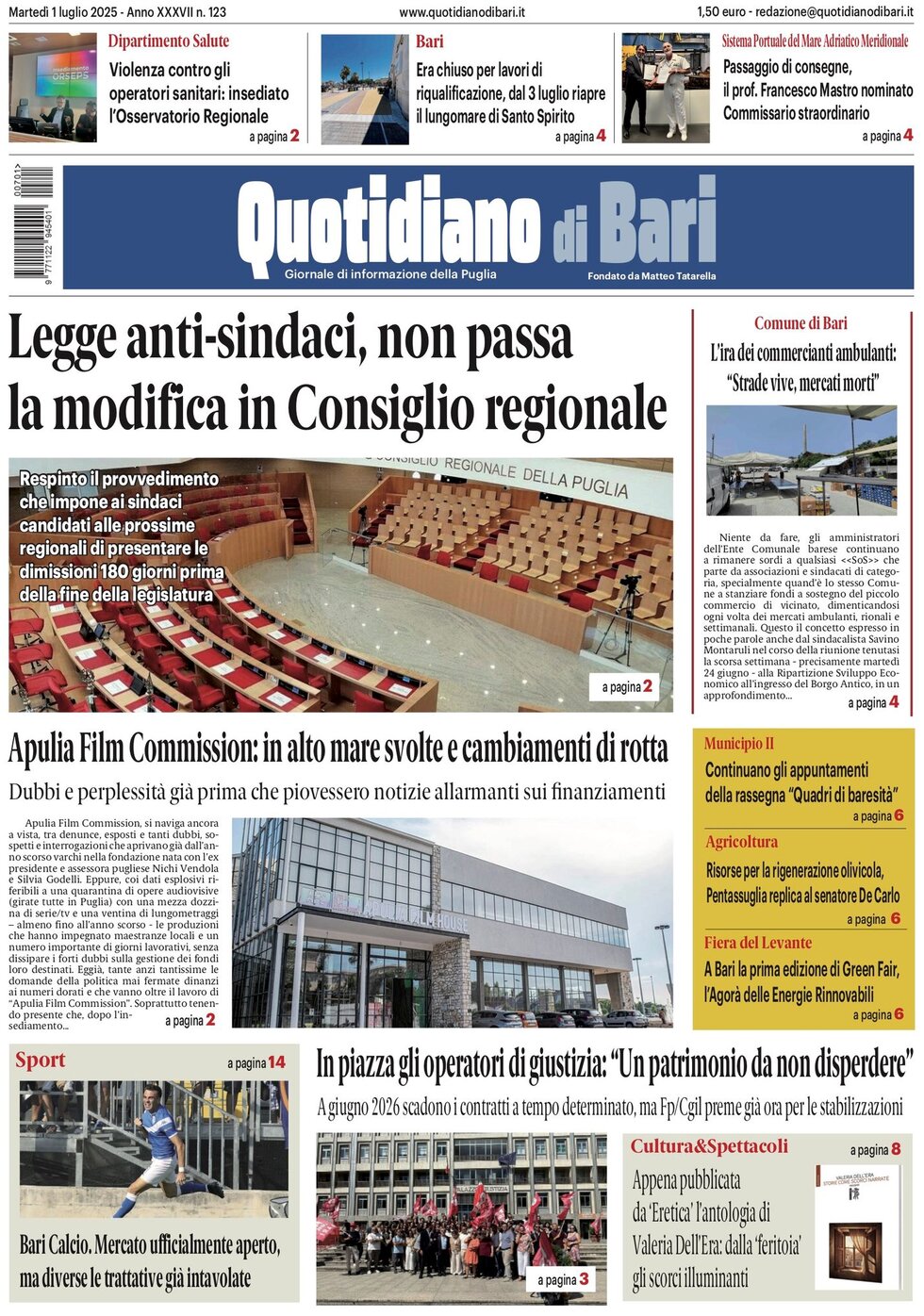 Prima Pagina Quotidiano di Bari 01/07/2025