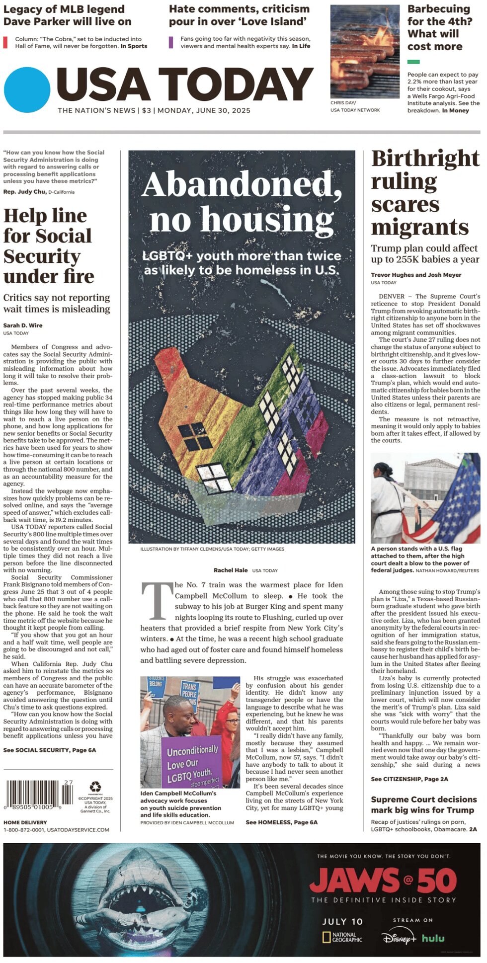 Prima Pagina USA Today 30/06/2025