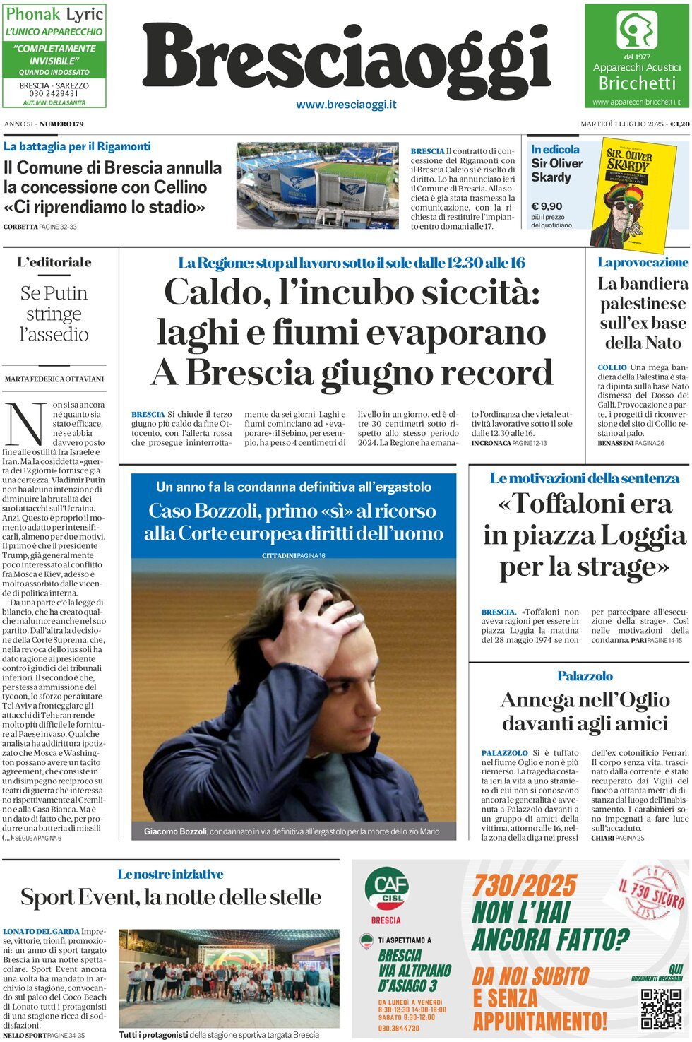 Prima Pagina Brescia Oggi 01/07/2025