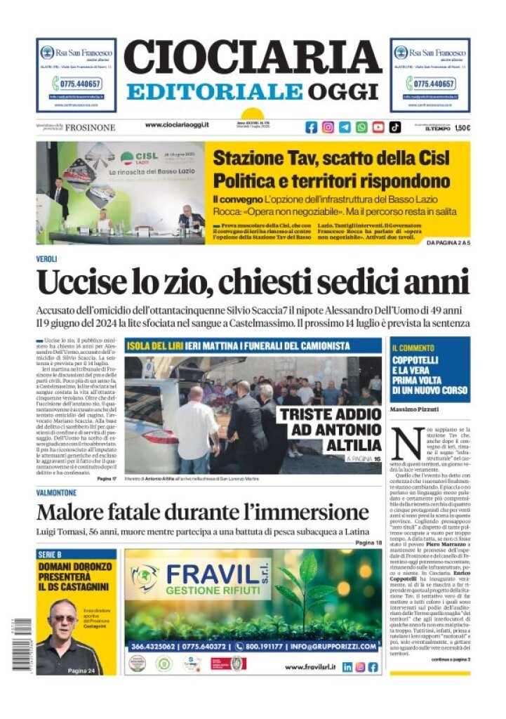 Prima Pagina Ciociaria Editoriale Oggi 01/07/2025