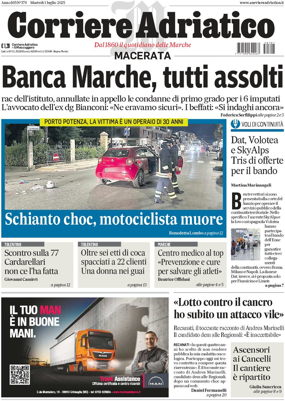 Prima Pagina Corriere Adriatico (Macerata) 01/07/2025