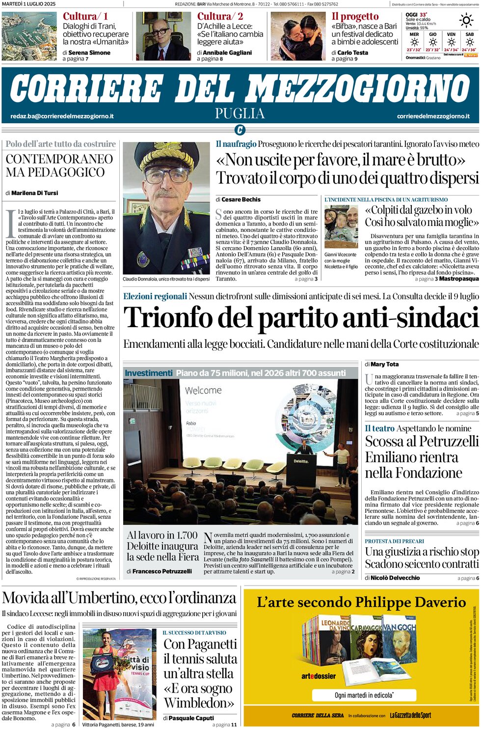 Prima Pagina Corriere del Mezzogiorno (Puglia) 01/07/2025