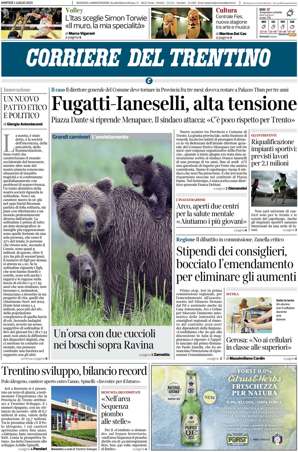 Prima Pagina Corriere del Trentino 01/07/2025