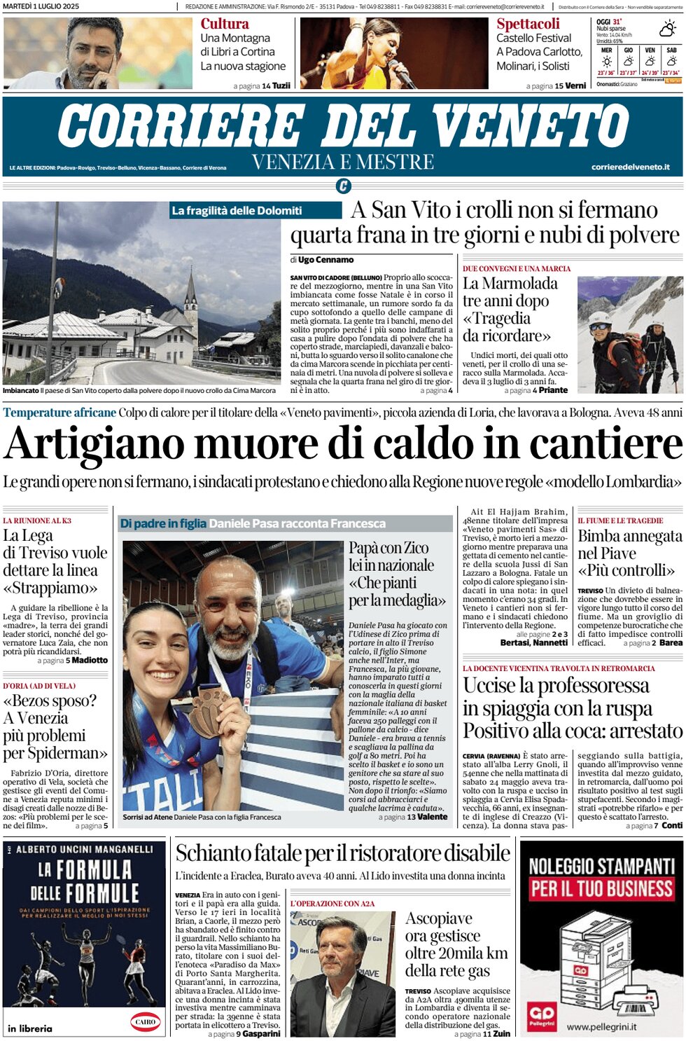 Prima Pagina Corriere del Veneto 01/07/2025
