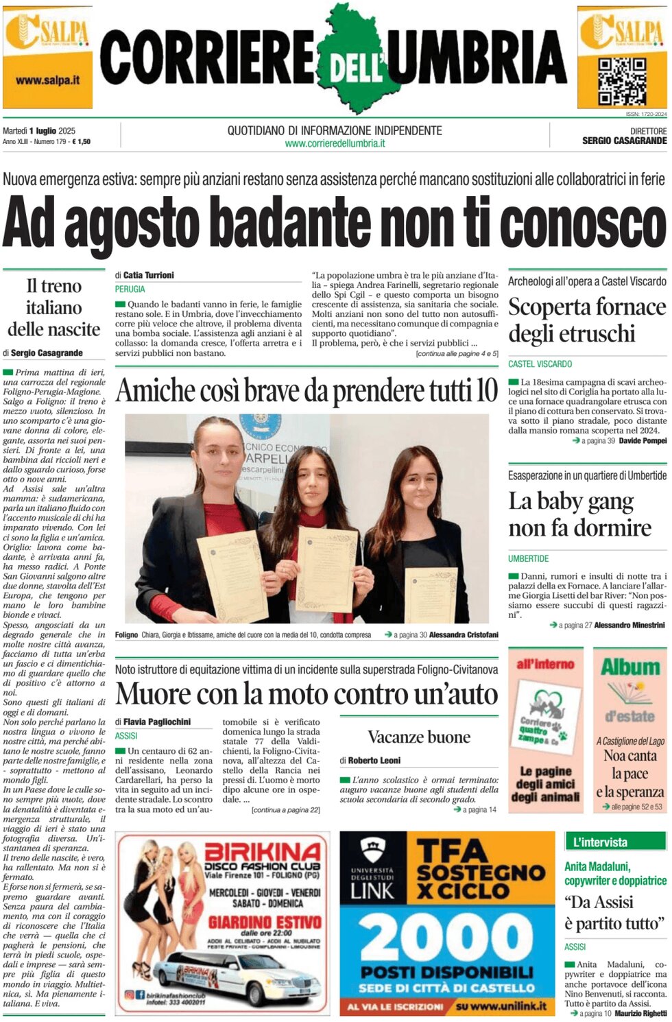 Prima Pagina Corriere dell'Umbria 01/07/2025