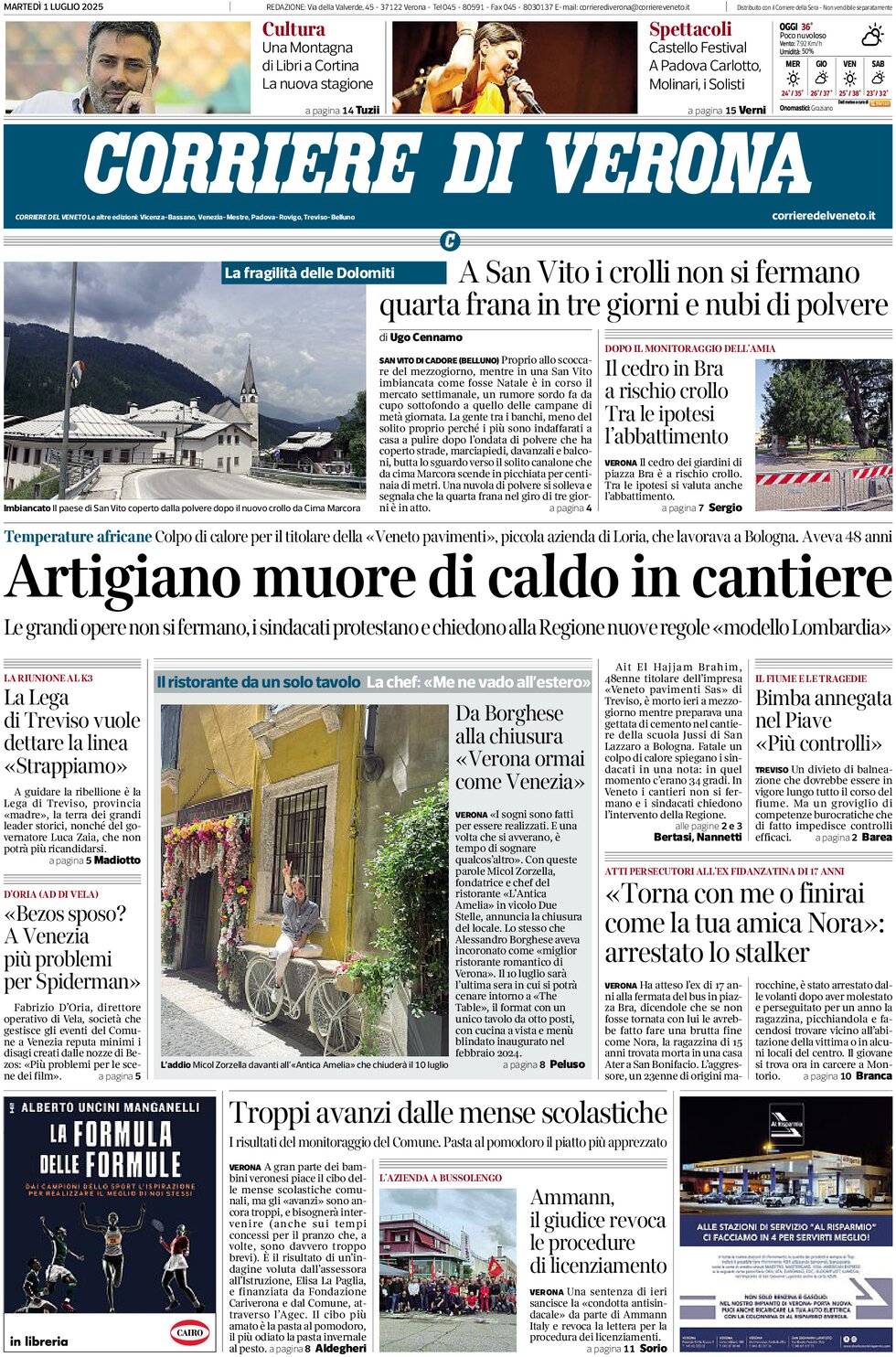 Prima Pagina Corriere di Verona 01/07/2025