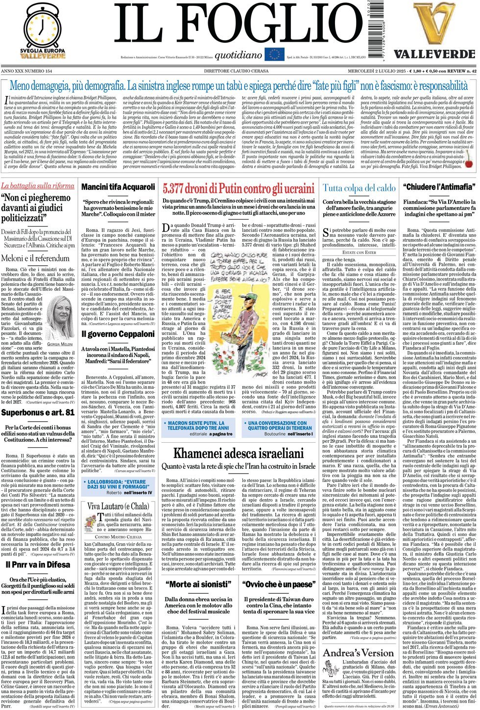 Prima Pagina Il Foglio 02/07/2025