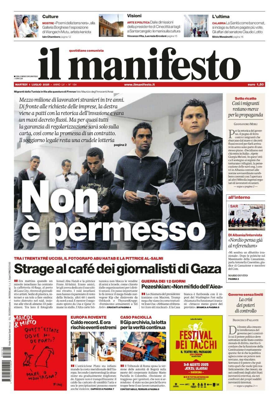 Prima Pagina Il Manifesto 01/07/2025