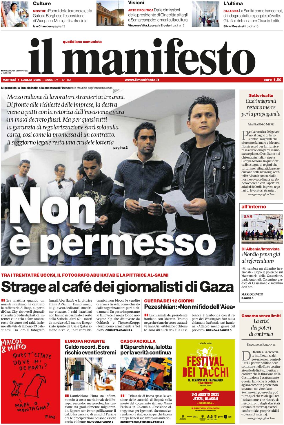 Prima Pagina Il Manifesto 01/07/2025