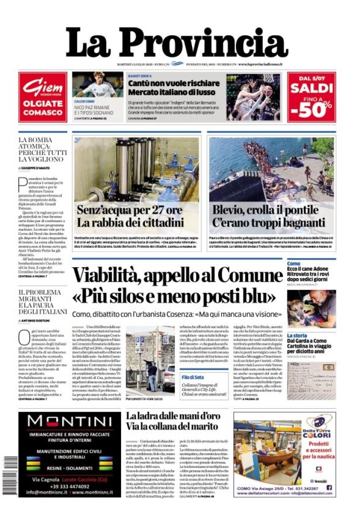 Prima Pagina La Provincia di Como 01/07/2025