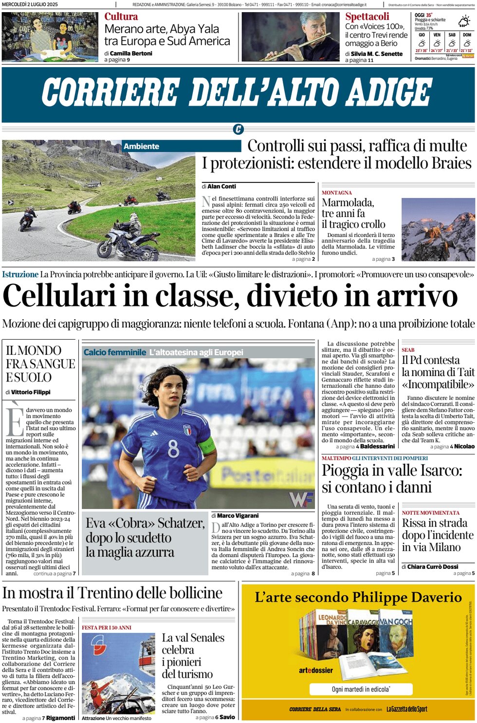 Prima Pagina Corriere dell'Alto Adige 02/07/2025