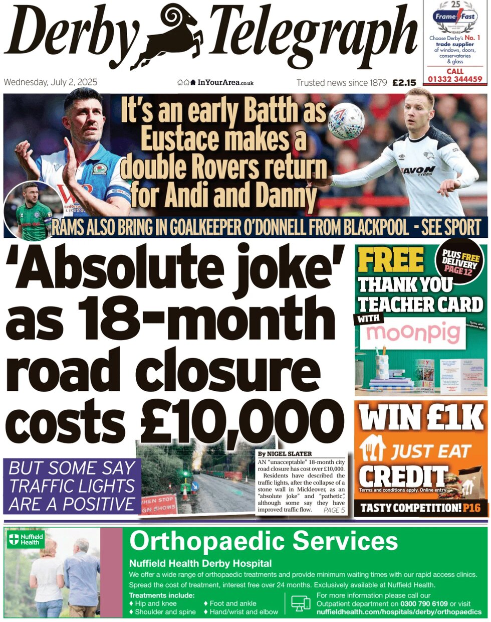 Prima Pagina Derby Telegraph 02/07/2025