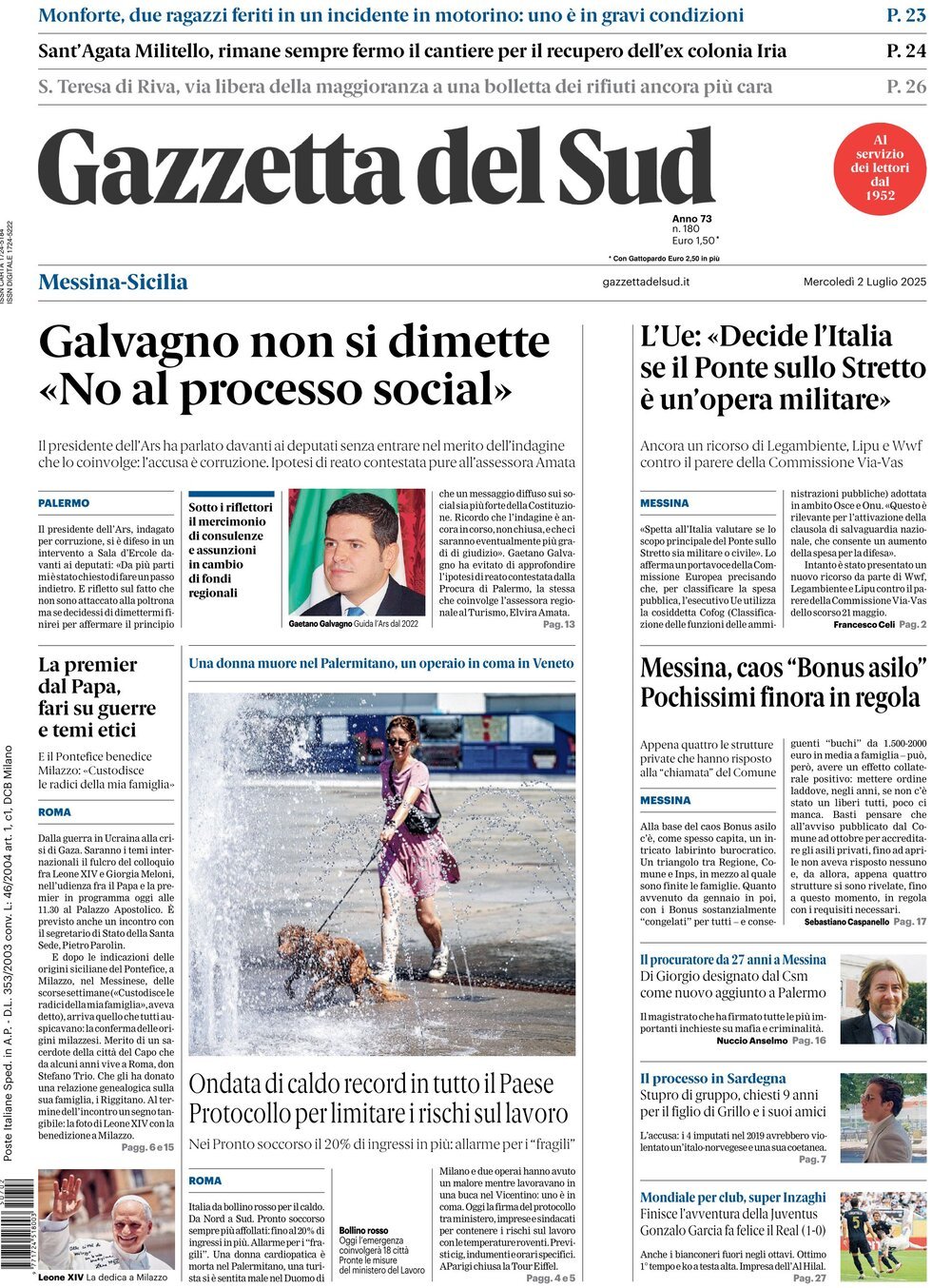 Prima Pagina Gazzetta del Sud (Messina) 02/07/2025