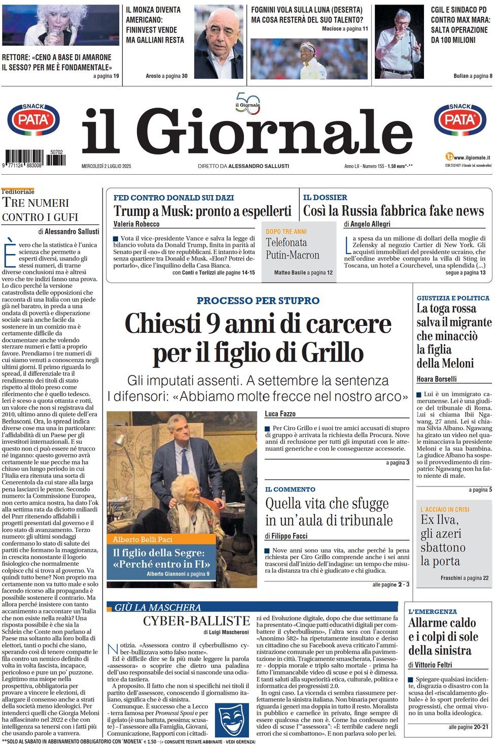 Prima Pagina Il Giornale 02/07/2025
