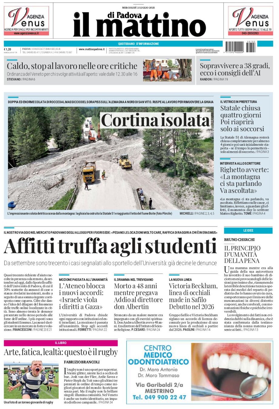 Prima Pagina Il Mattino di Padova 02/07/2025