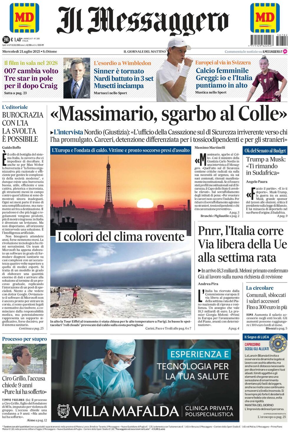 Prima Pagina Il Messaggero 02/07/2025