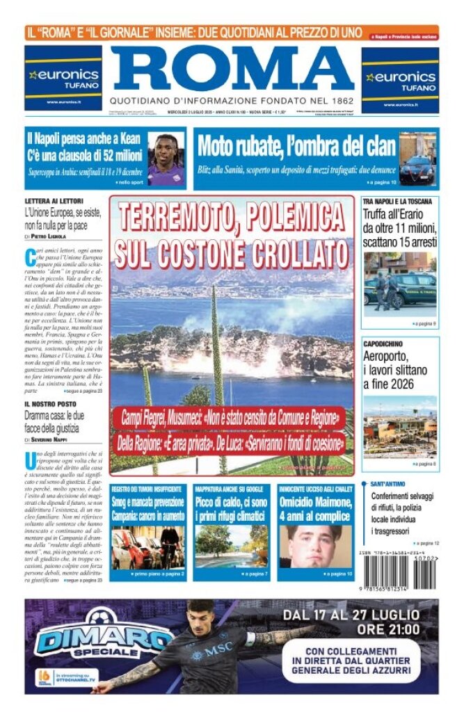 Prima Pagina Il Roma (Quotidiano di Napoli) 02/07/2025