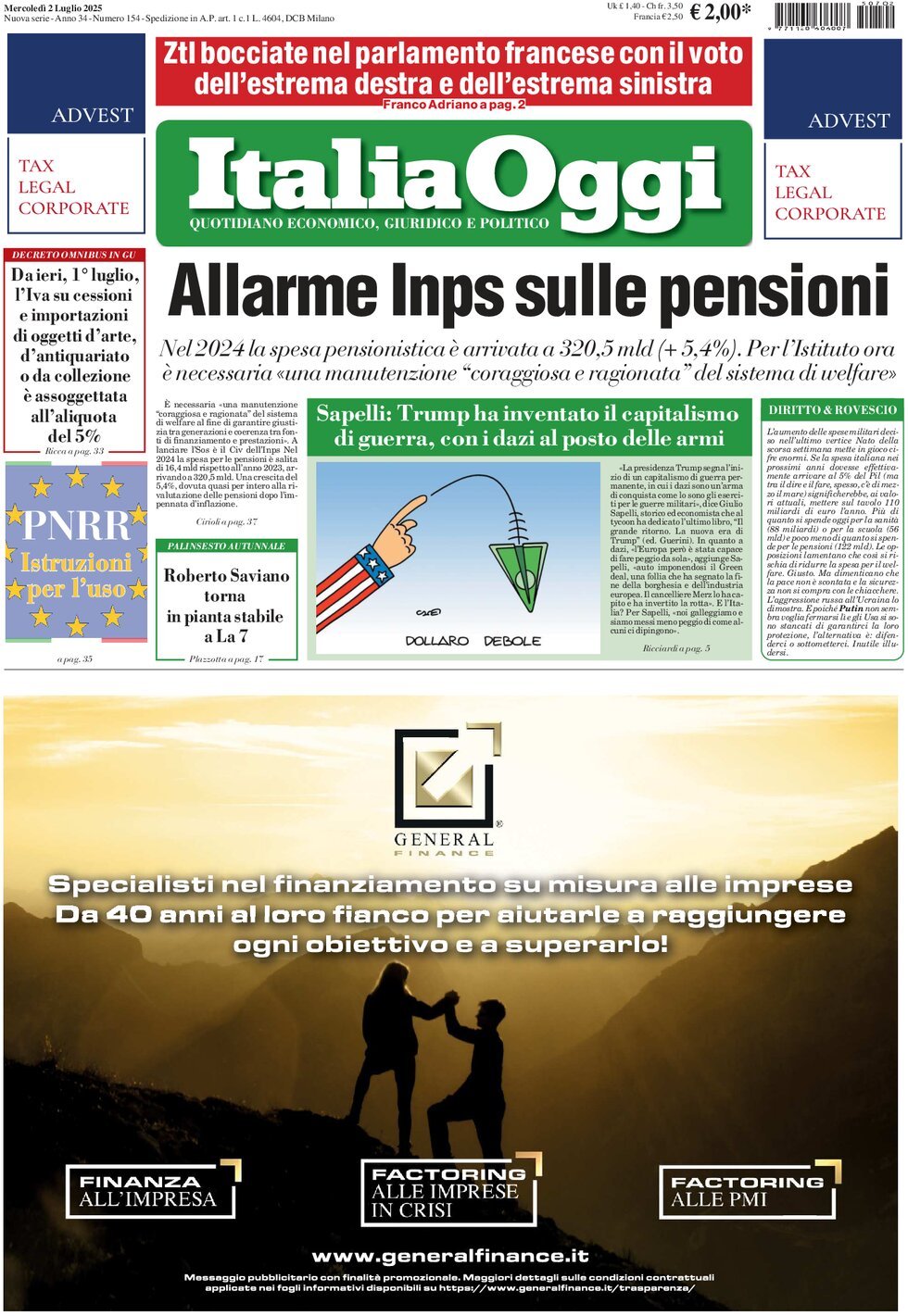 Prima Pagina ItaliaOggi 02/07/2025
