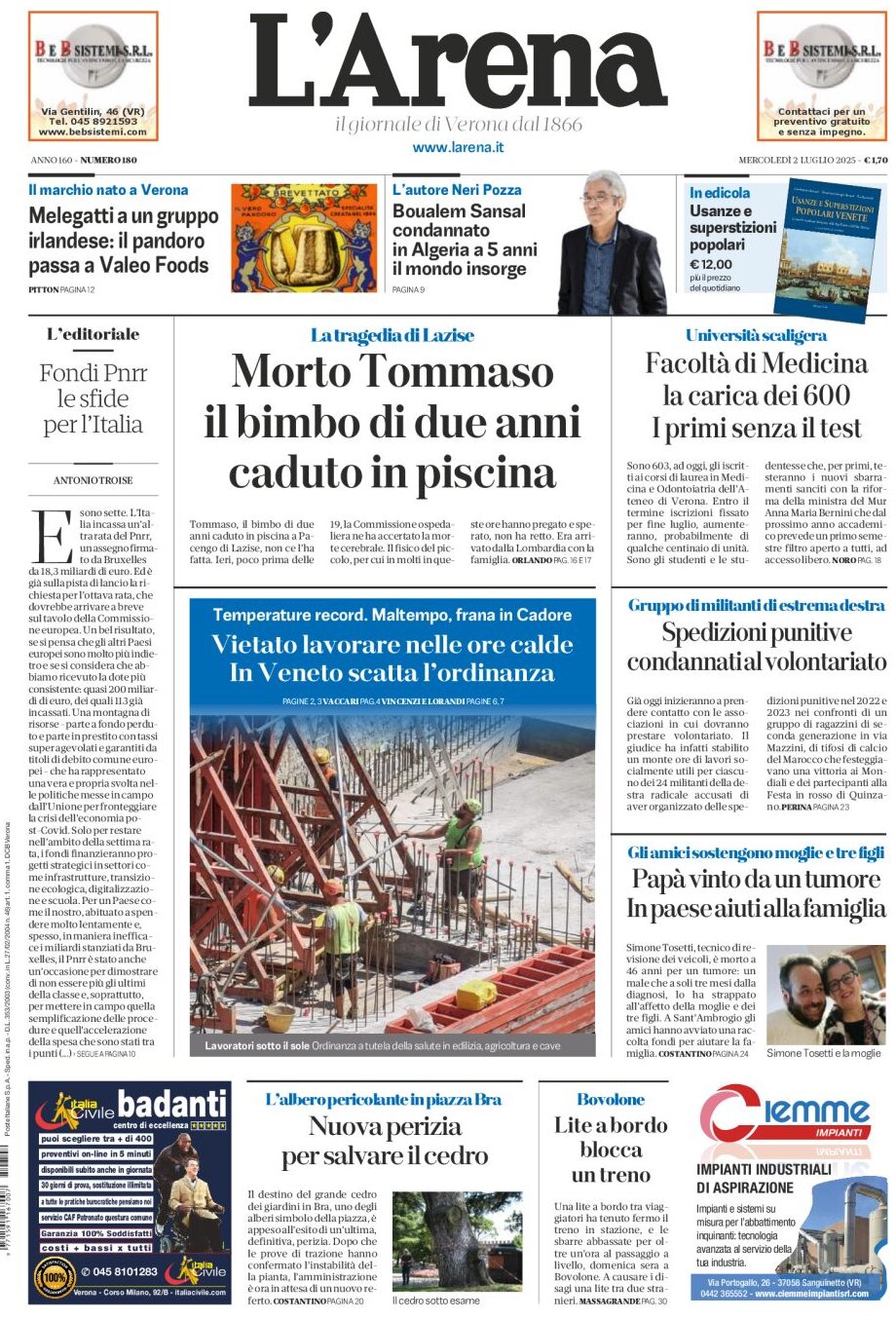 Prima Pagina L'Arena (Verona) 02/07/2025