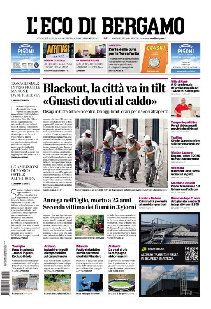 Prima Pagina L'Eco di Bergamo 02/07/2025
