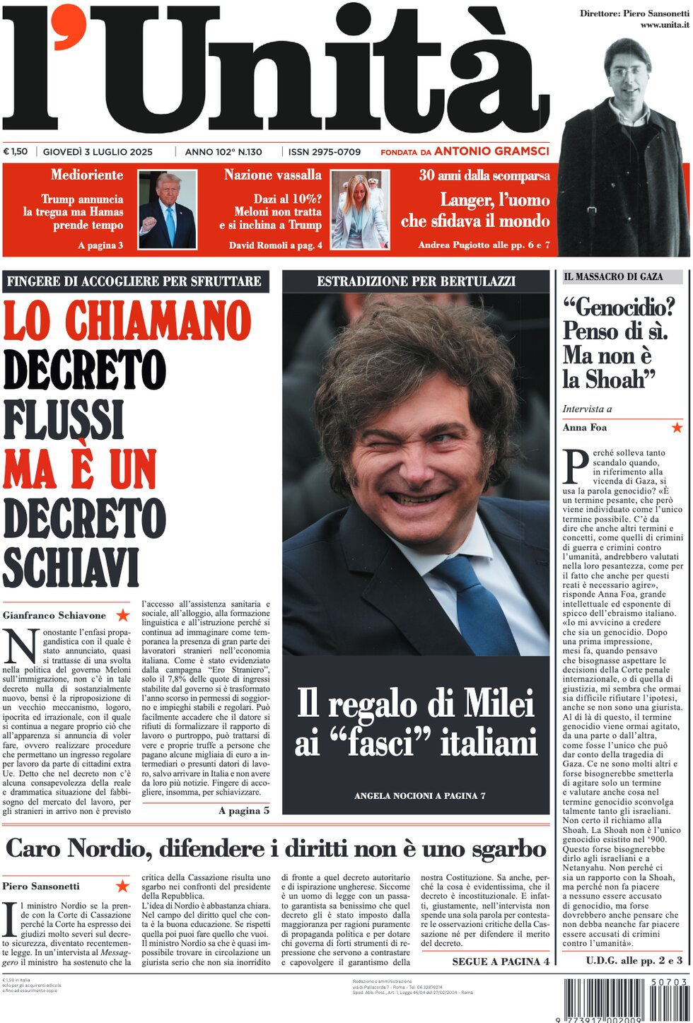 Prima Pagina L'Unità 03/07/2025
