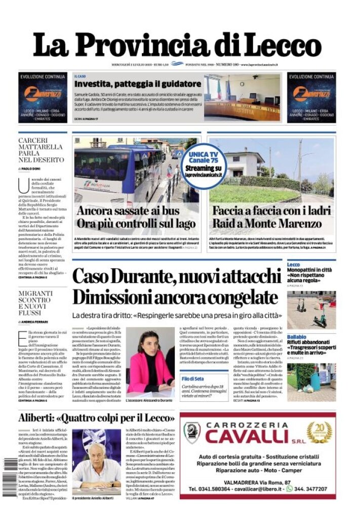 Prima Pagina La Provincia di Lecco 02/07/2025