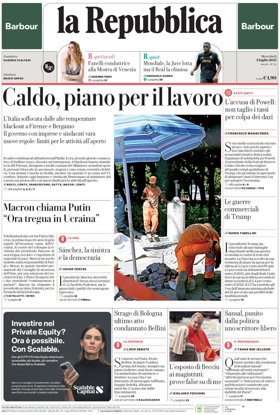 Prima Pagina La Repubblica 02/07/2025