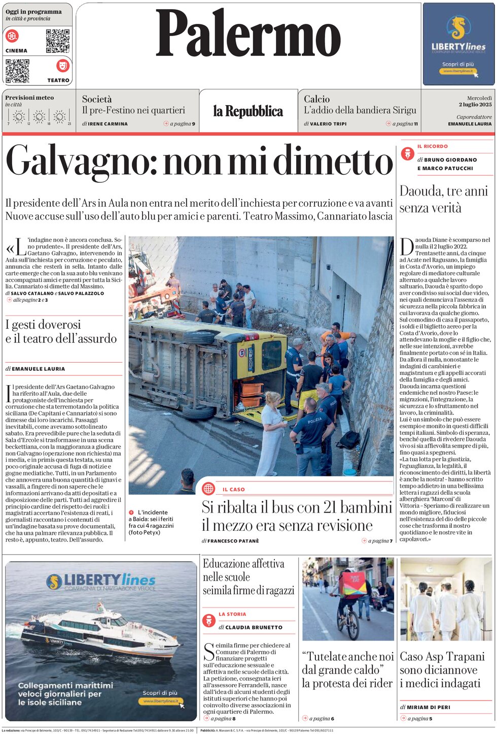 Prima Pagina La Repubblica (Palermo) 02/07/2025