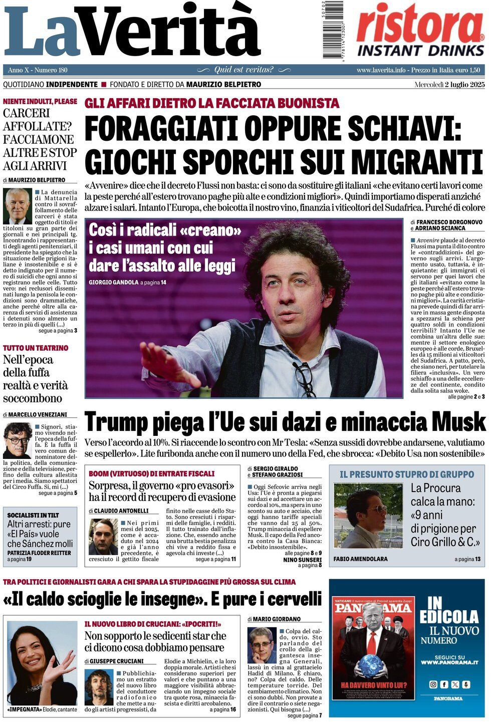 Prima Pagina La Verità 02/07/2025