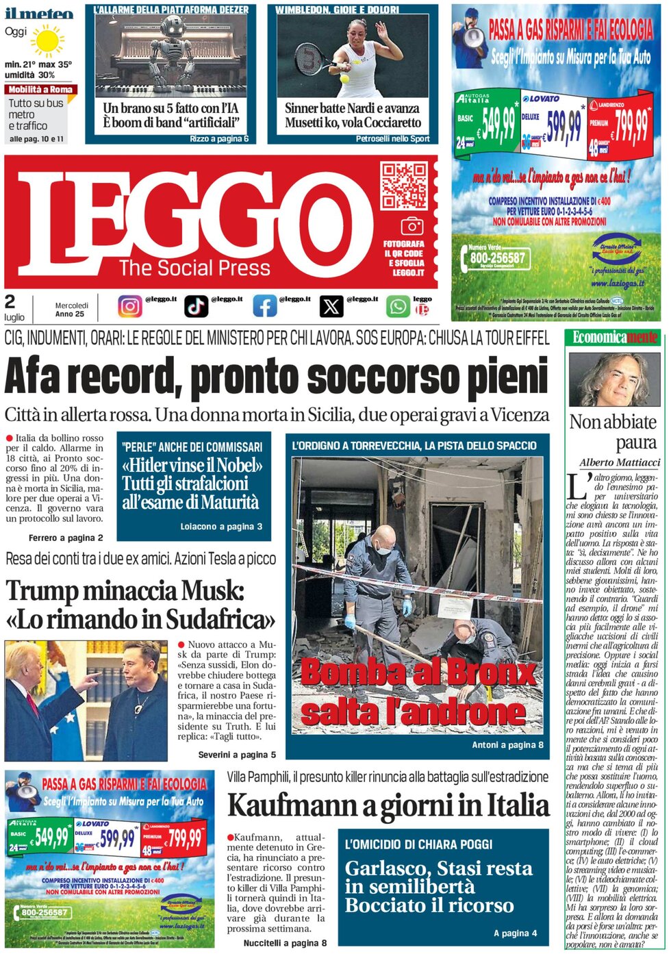 Prima Pagina Leggo (Roma) 02/07/2025