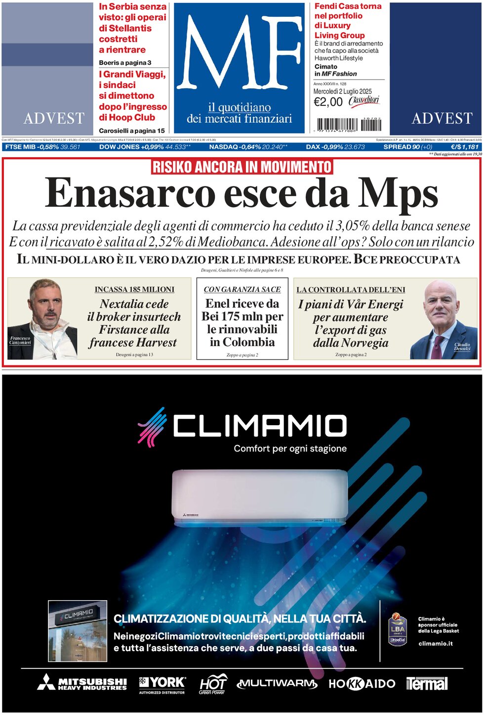 Prima Pagina MF Milano Finanza 02/07/2025