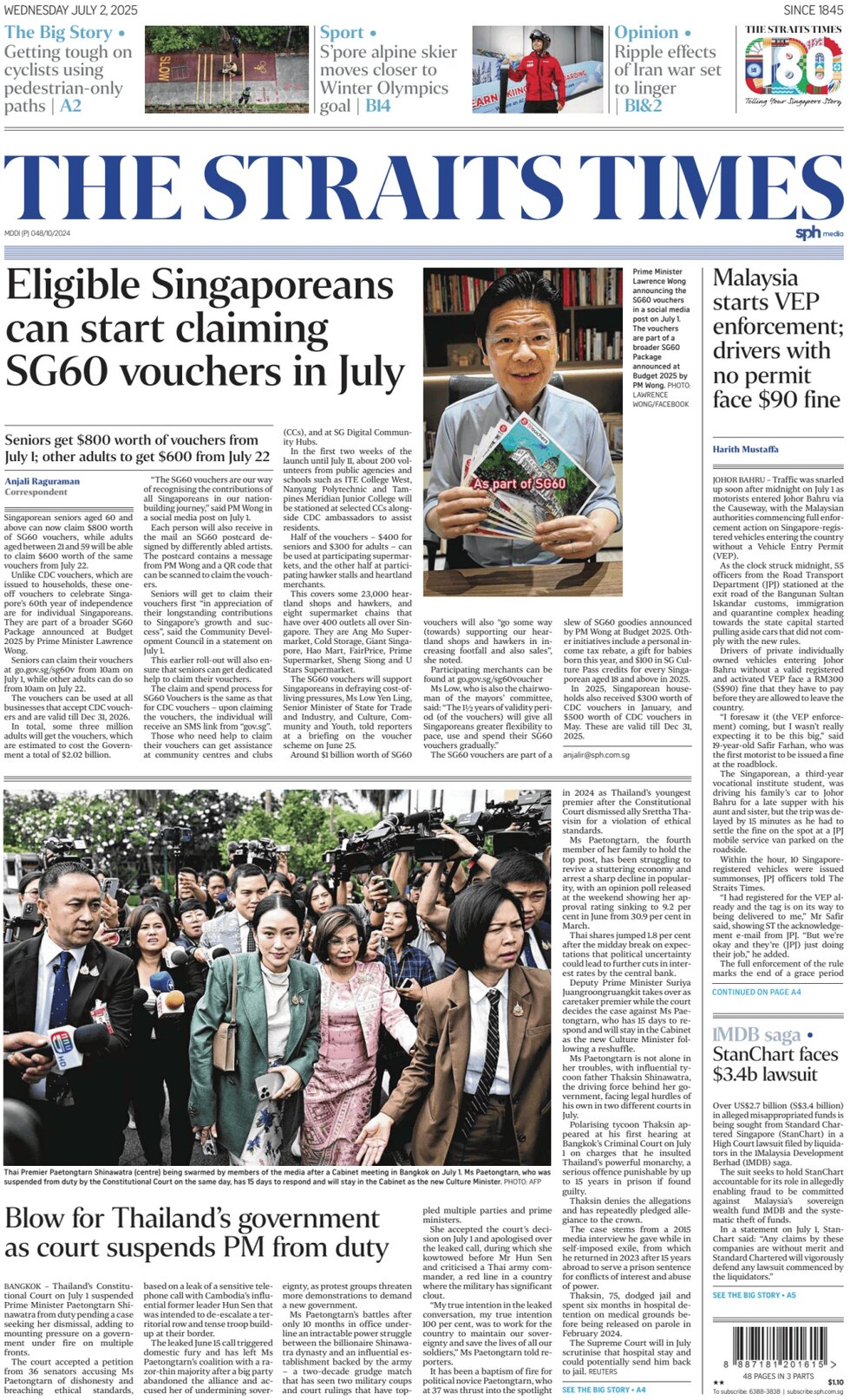 Prima Pagina The Straits Times 02/07/2025