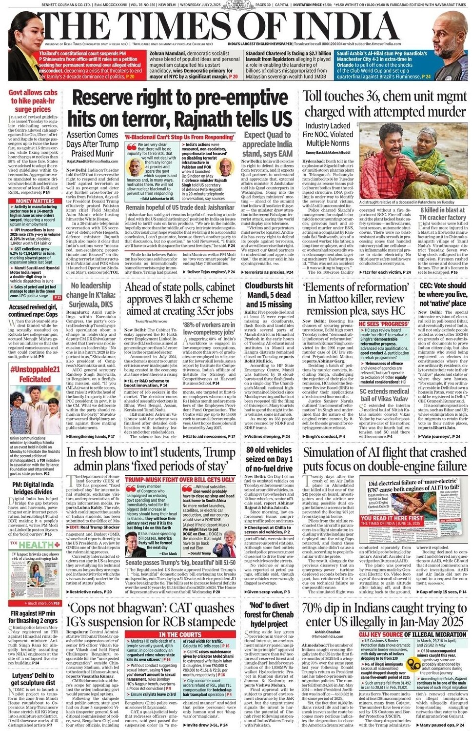 Prima Pagina The Times of India 02/07/2025