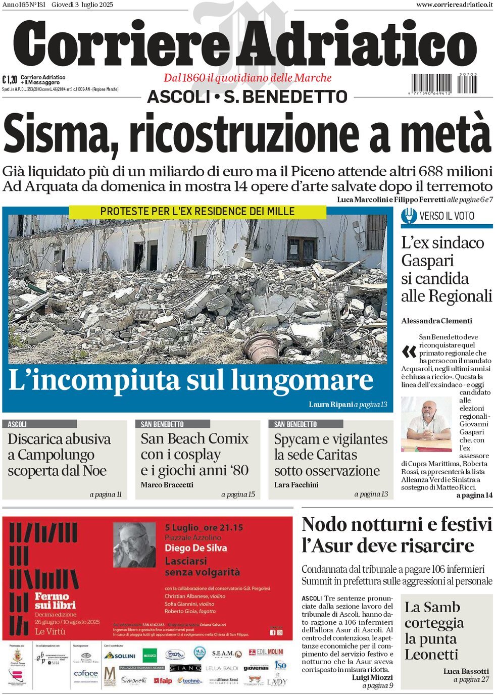 Prima Pagina Corriere Adriatico (Ascoli) 03/07/2025