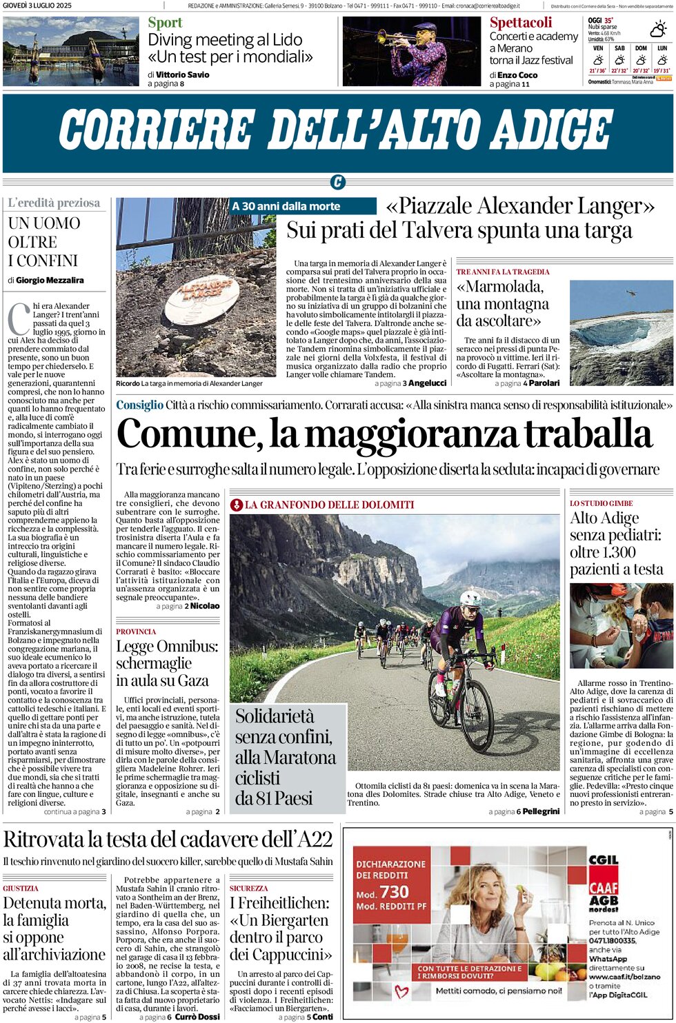 Prima Pagina Corriere dell'Alto Adige 03/07/2025