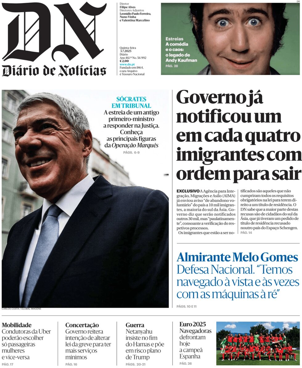 Prima Pagina Diário de Notícias 03/07/2025