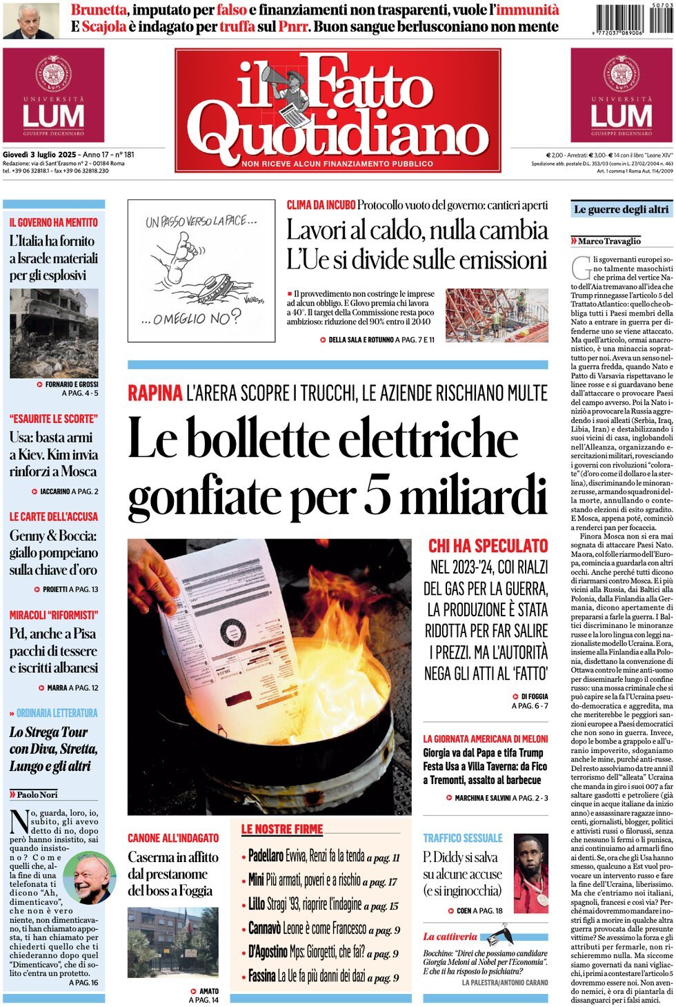 Prima Pagina Il Fatto Quotidiano 03/07/2025