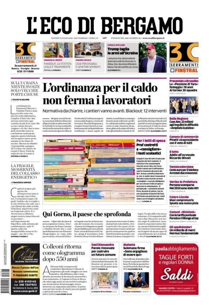 Prima Pagina L'Eco di Bergamo 03/07/2025
