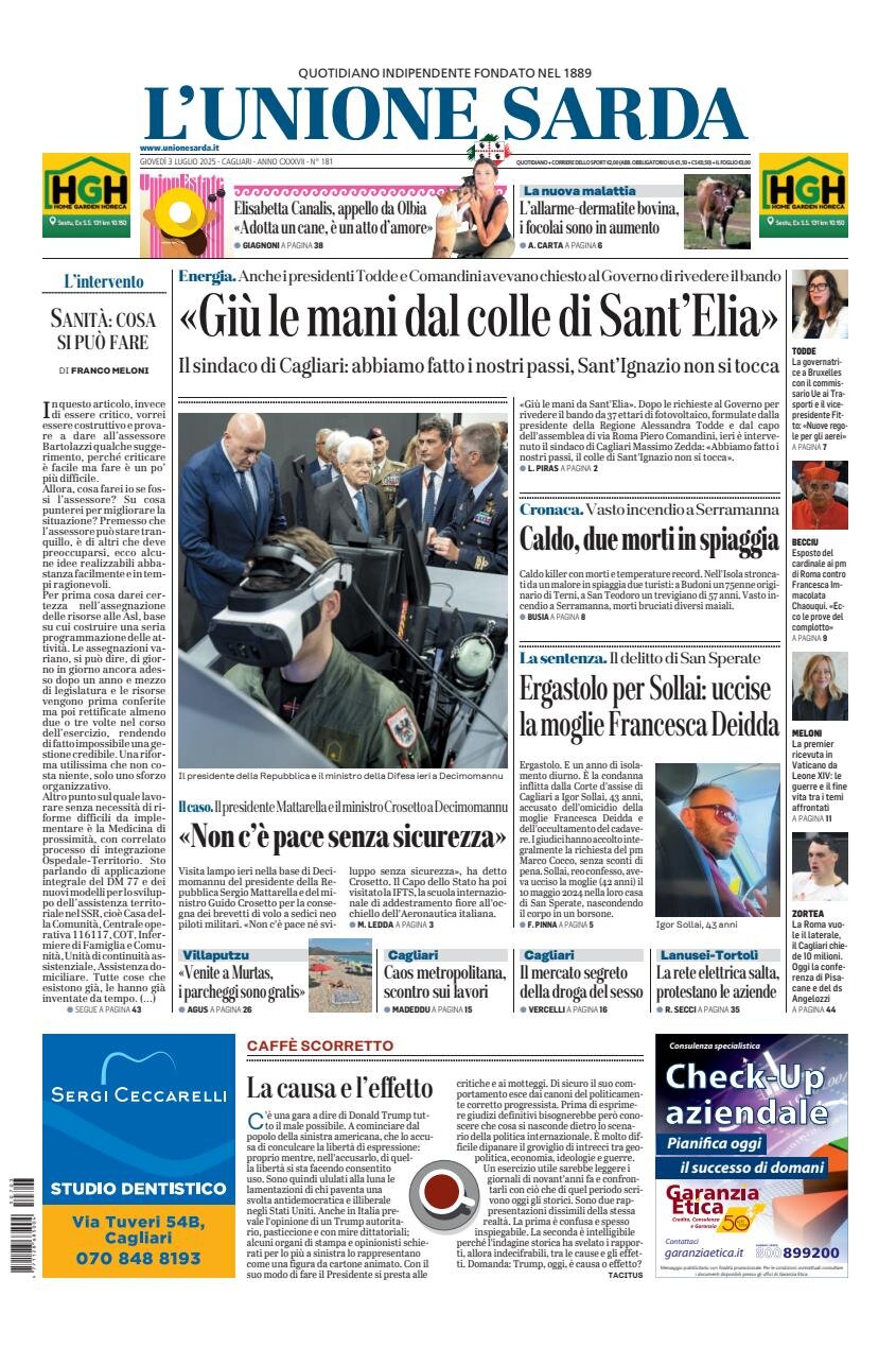 Prima Pagina L'Unione Sarda 03/07/2025