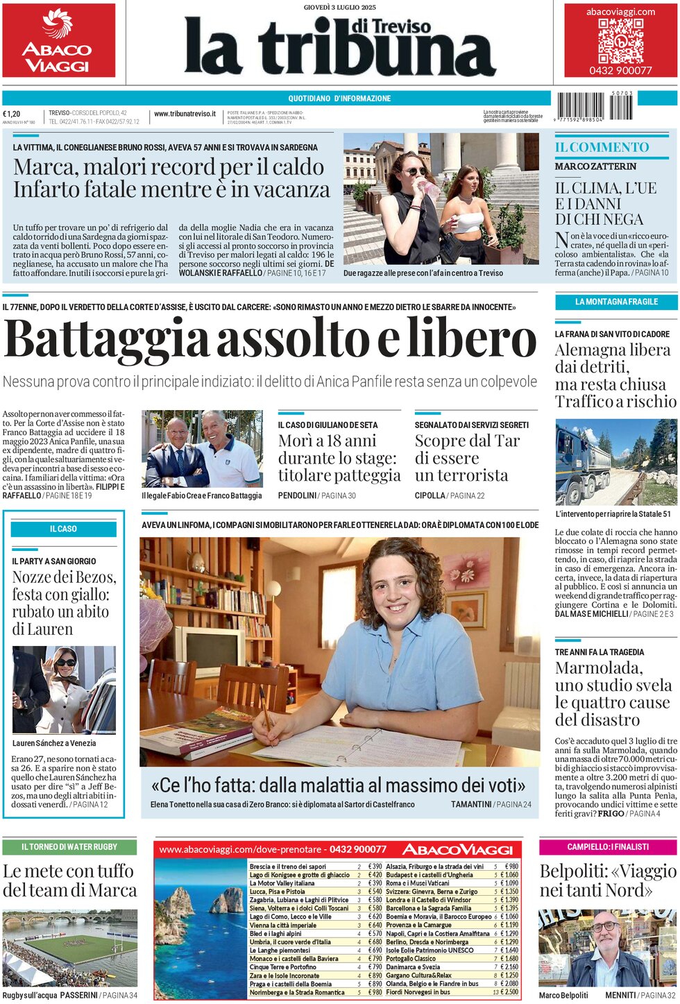 Prima Pagina La Tribuna di Treviso 03/07/2025