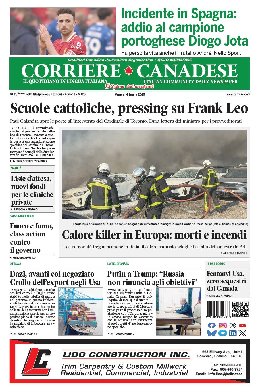 Prima Pagina Corriere Canadese 04/07/2025