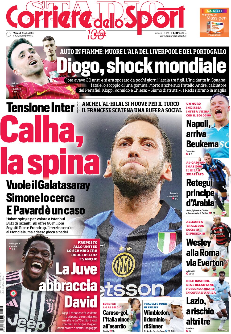 Prima Pagina Corriere dello Sport 04/07/2025