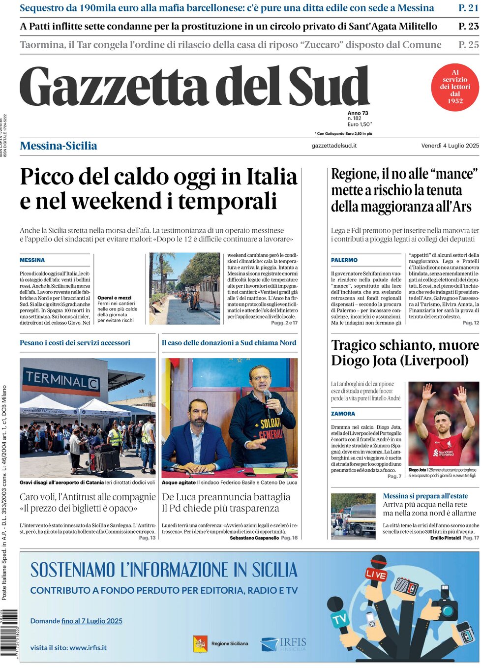 Prima Pagina Gazzetta del Sud (Messina) 04/07/2025