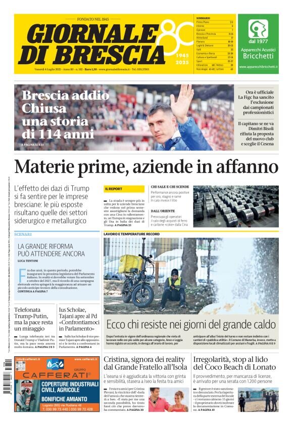 Prima Pagina Giornale di Brescia 04/07/2025